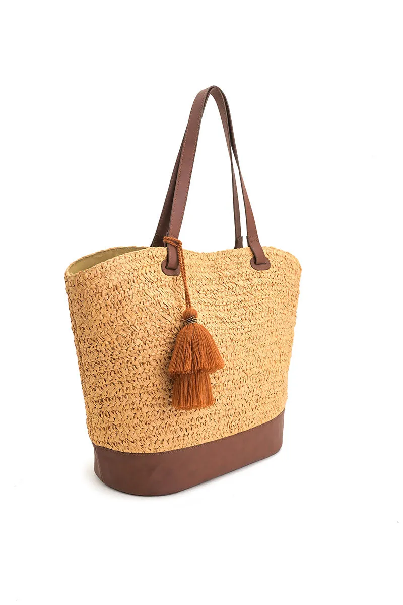 Raffia Weave Contrast Tote sold by America & Beyond product image thumbnail 3