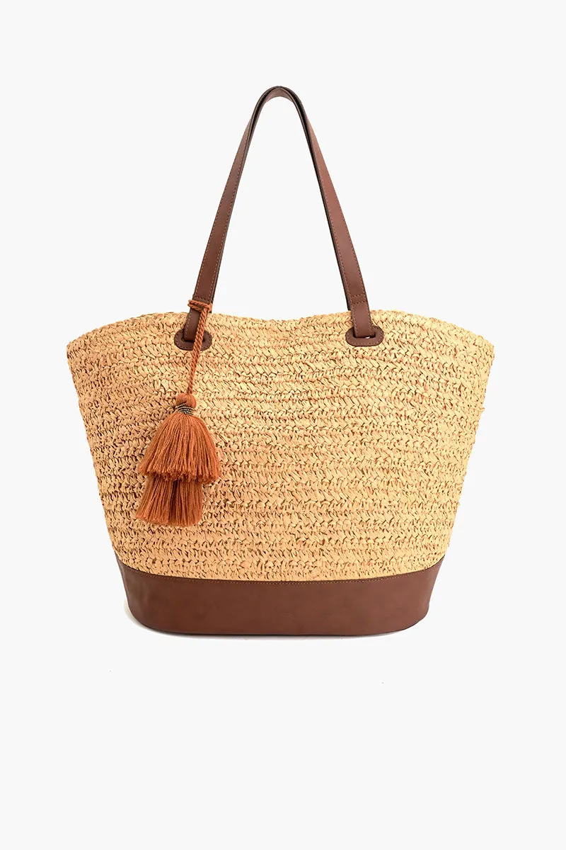 Raffia Weave Contrast Tote sold by America & Beyond