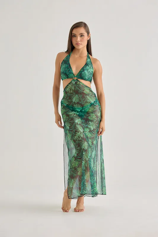 Tropical Leaf Mesh Maxi Dress – Sexy Cut-Out Beachwear sold by America & Beyond