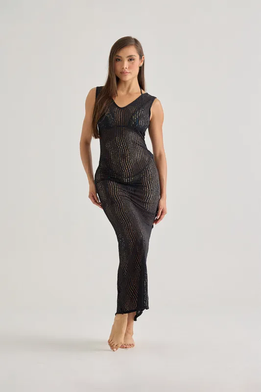 Black Crochet Maxi Cover-Up – Sleek, Stretchy & Beach-Ready sold by America & Beyond