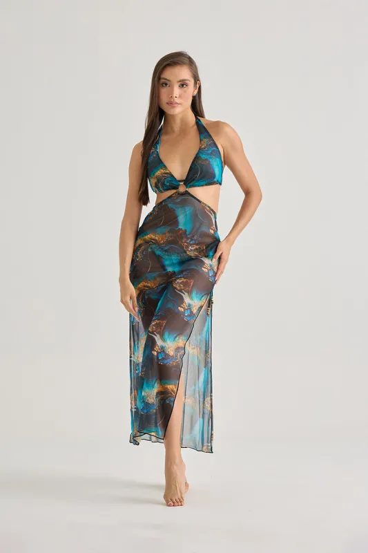 Blue Marble Mesh Halter Dress – Sheer, Flowy & Resort-Ready sold by America & Beyond