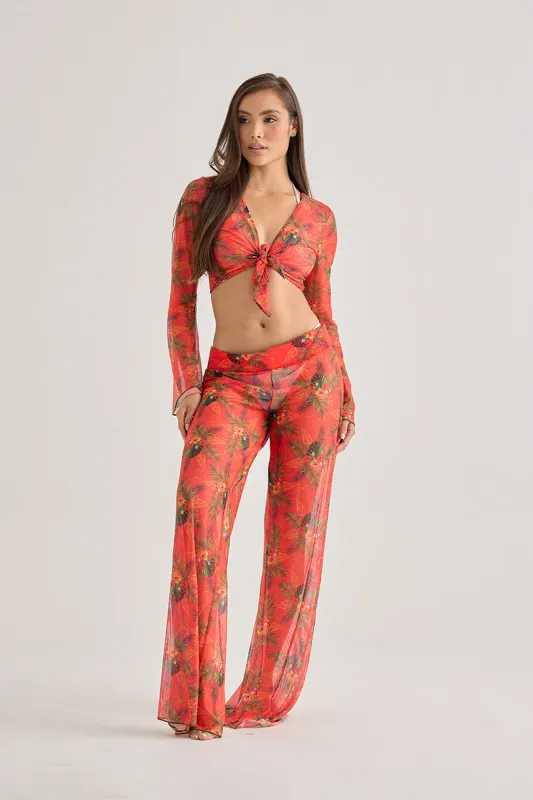 Red Tropical Sheer Beach Pants – Flowy & Lightweight Cover-Up made by America & Beyond