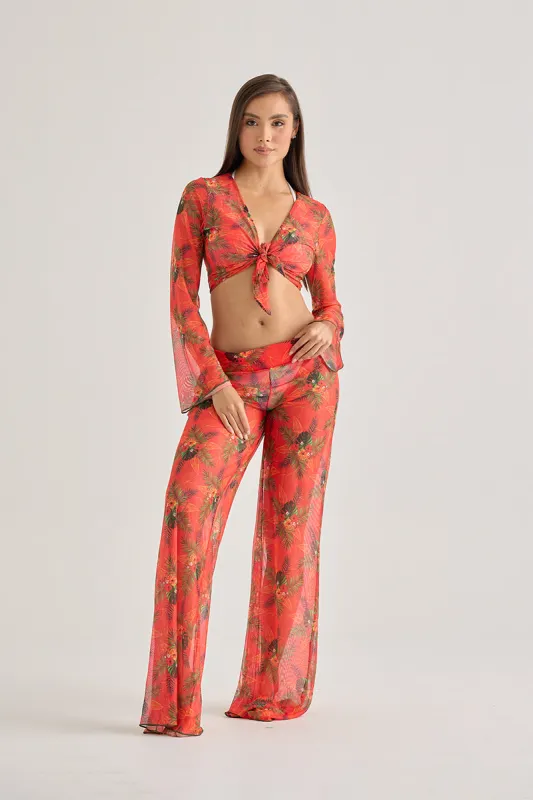 Red Tropical Sheer Tie-Front Top – Lightweight Resort Cover-Up sold by America & Beyond