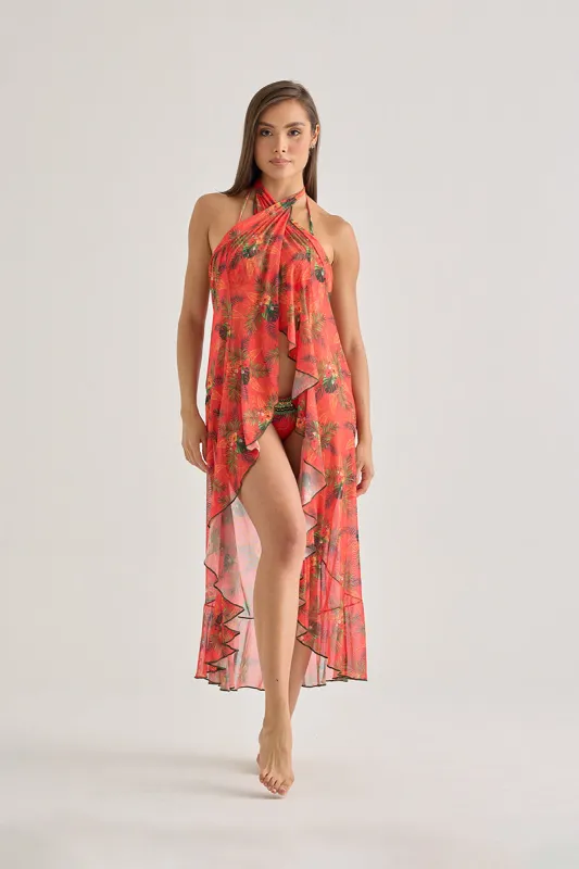 Red Tropical Mesh Long Skirt – Flowy & Sheer Beach Cover-Up sold by America & Beyond