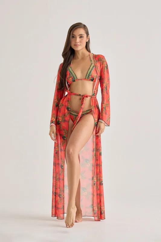 Red Tropical Sheer Kimono – Lightweight Long Beach Cover-Up sold by America & Beyond