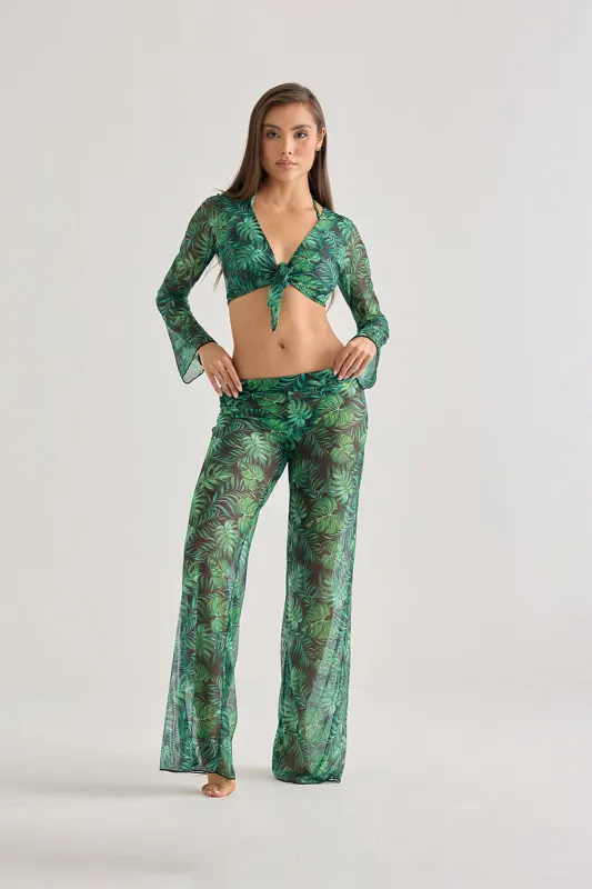 Tropical Leaf Sheer Tie-Front Top – Lightweight Beachwear Cover-Up sold by America & Beyond