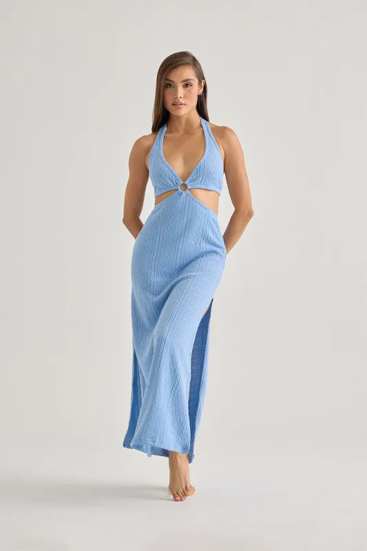 Blue Halter Cut-Out Maxi Dress–Elegant Beach Cover-Up sold by America & Beyond