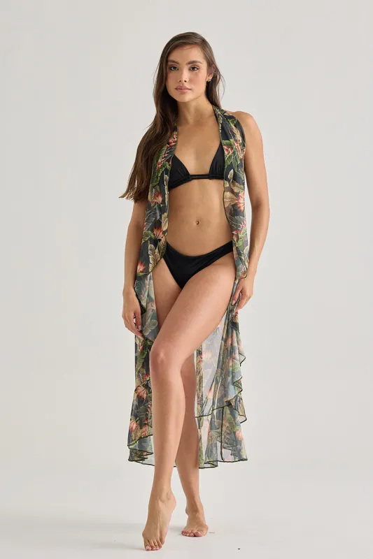 Beach  Skirt With Tropical Print-Ruffles And Sheer Fabric sold by America & Beyond