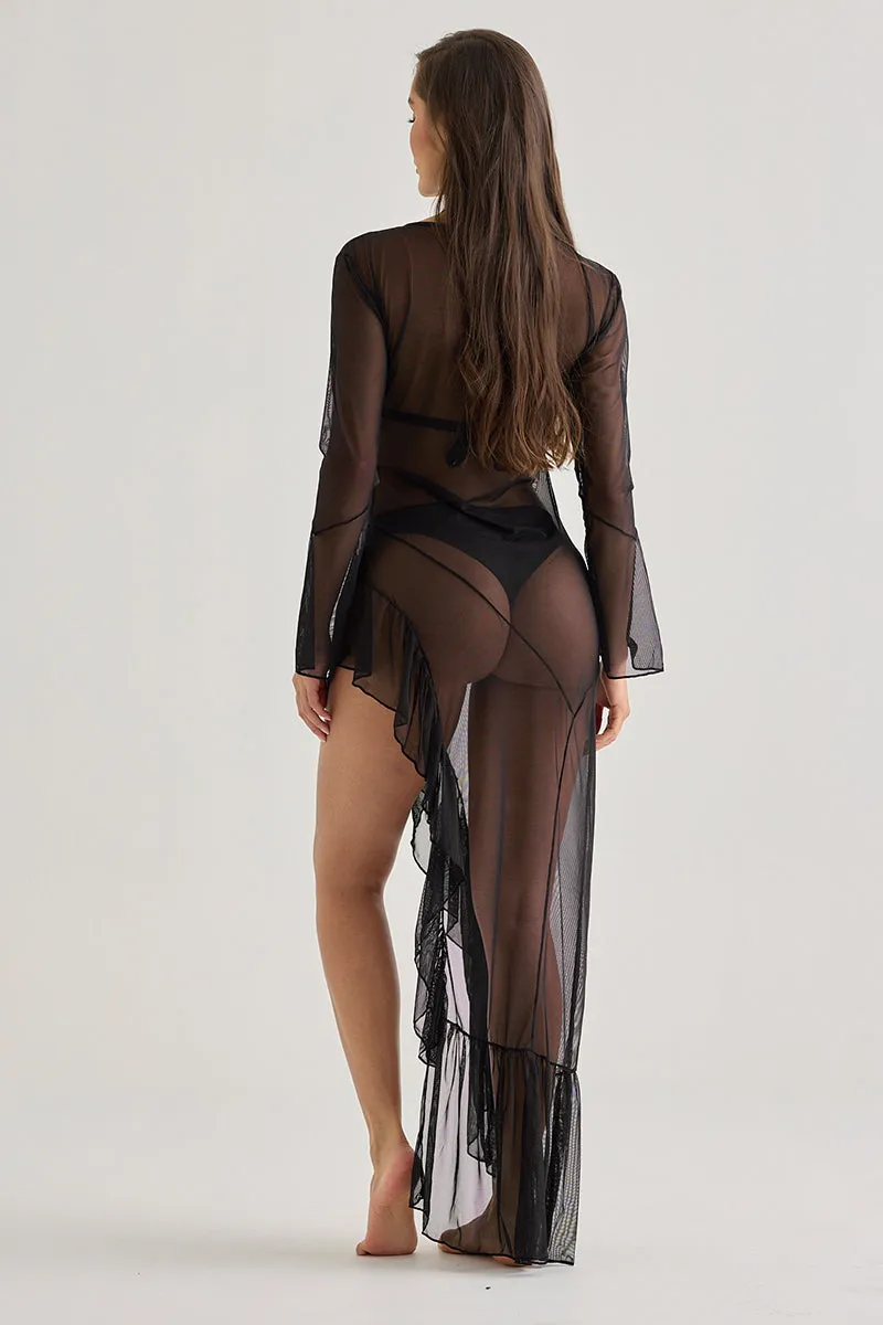 Black Transparent Beach Dress–Long Sleeve And Asymmetrical Cut sold by America & Beyond product image thumbnail 3