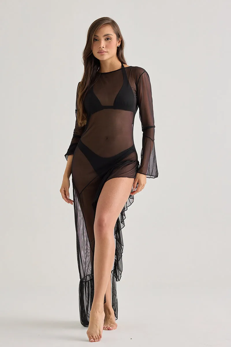 Black Transparent Beach Dress–Long Sleeve And Asymmetrical Cut sold by America & Beyond