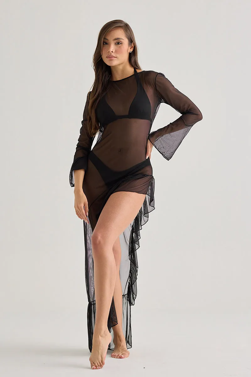 Black Transparent Beach Dress–Long Sleeve And Asymmetrical Cut sold by America & Beyond product image thumbnail 5