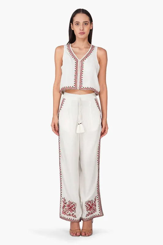 Beige Rose Bloom Embroidered Pants sold by America & Beyond