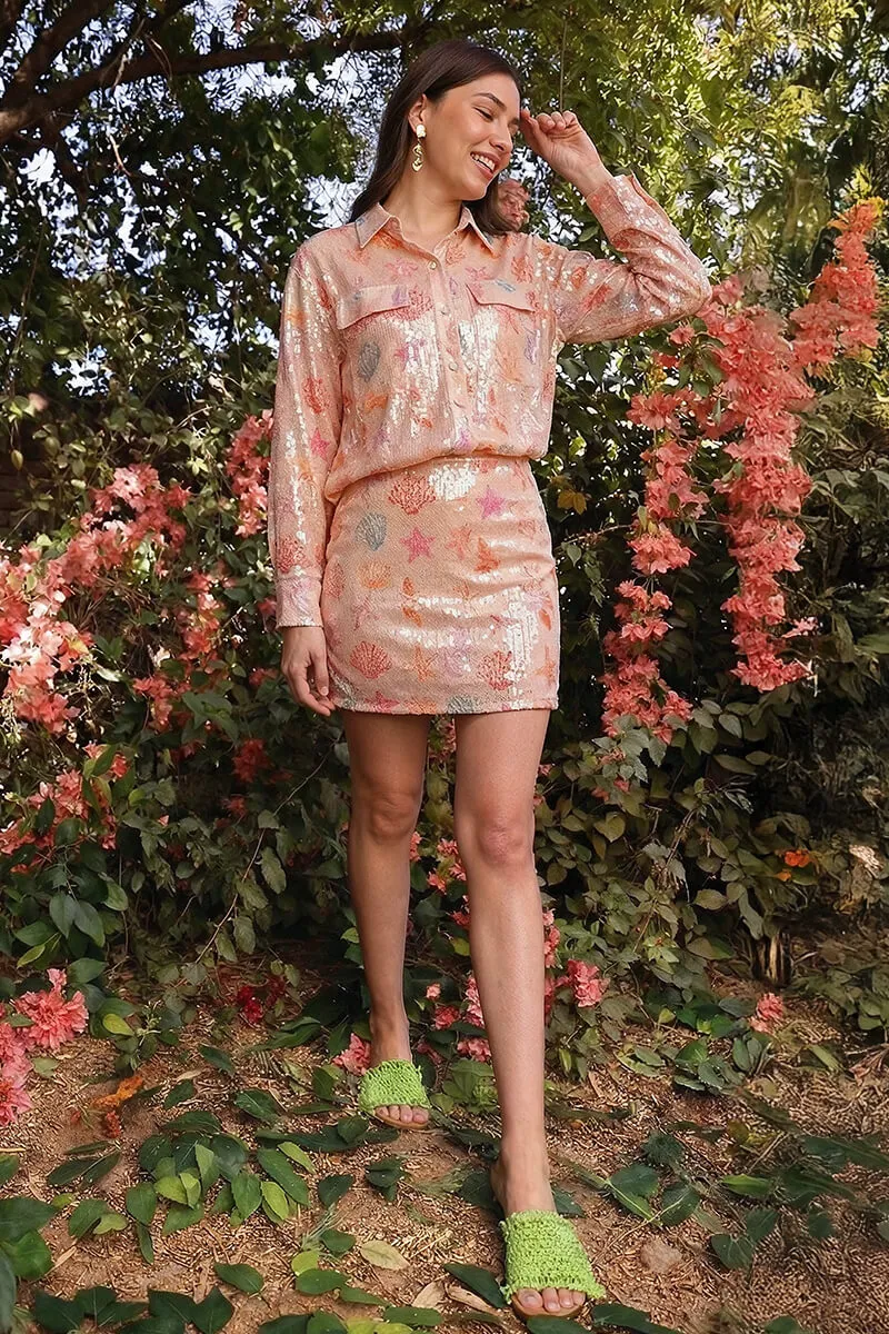 Peach Sequinned Shores Shirt sold by America & Beyond