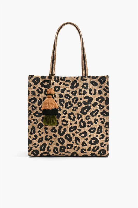 Leopard Handwoven Jute Brown Tote With Tassel made by America & Beyond