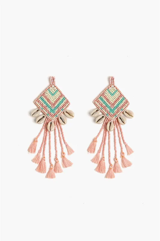 Rose Beaded Tassel Shell Earrings sold by America & Beyond
