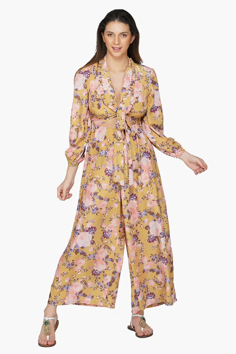 Golden Garden Floral Front Knot Jumpsuit sold by America & Beyond