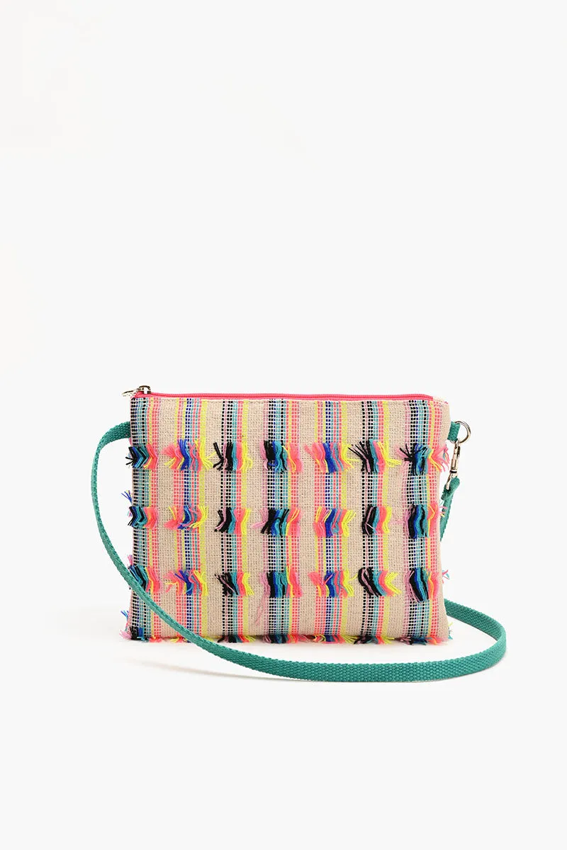 Fringed stripe Spring Top Zip Clutch sold by America & Beyond