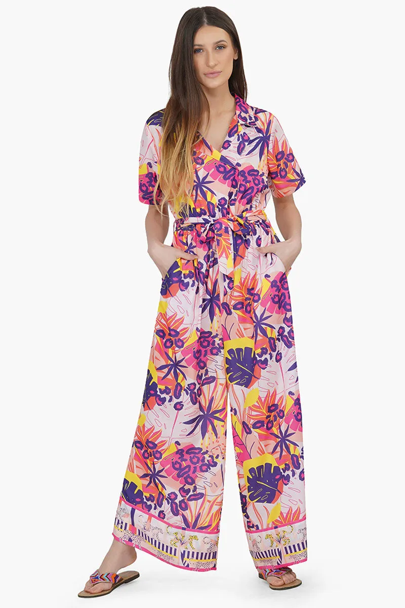 Leopard In Bright Forest - Bright Leopard Collared Jumpsuit sold by America & Beyond