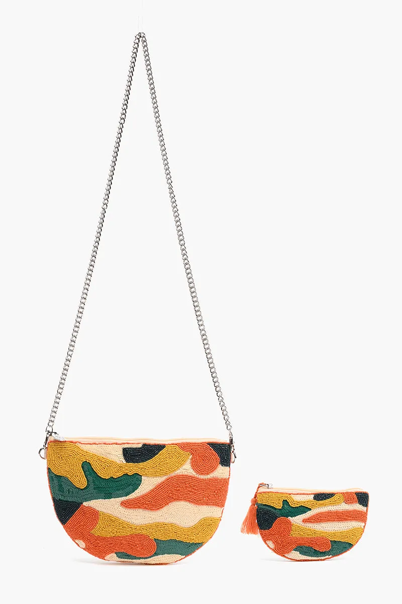 Orange Camo Embellished Crossbody Pouch with Coin Pouch sold by America & Beyond