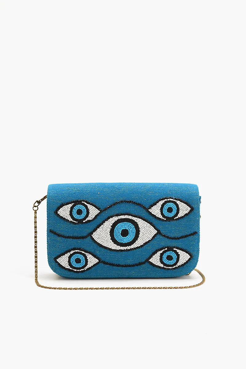 Evil Eye Tufted Embellished Clutch sold by America & Beyond