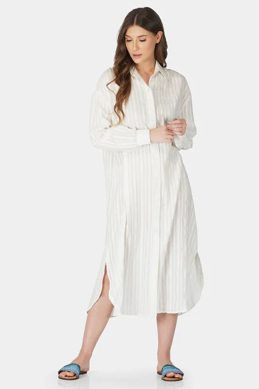 Star White Lurex Dobby Shirt Dress sold by America & Beyond