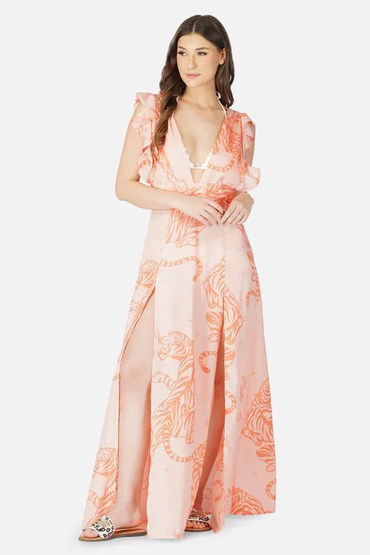 Apricot Wash Tiger Ruffle Sleeves Dress sold by America & Beyond