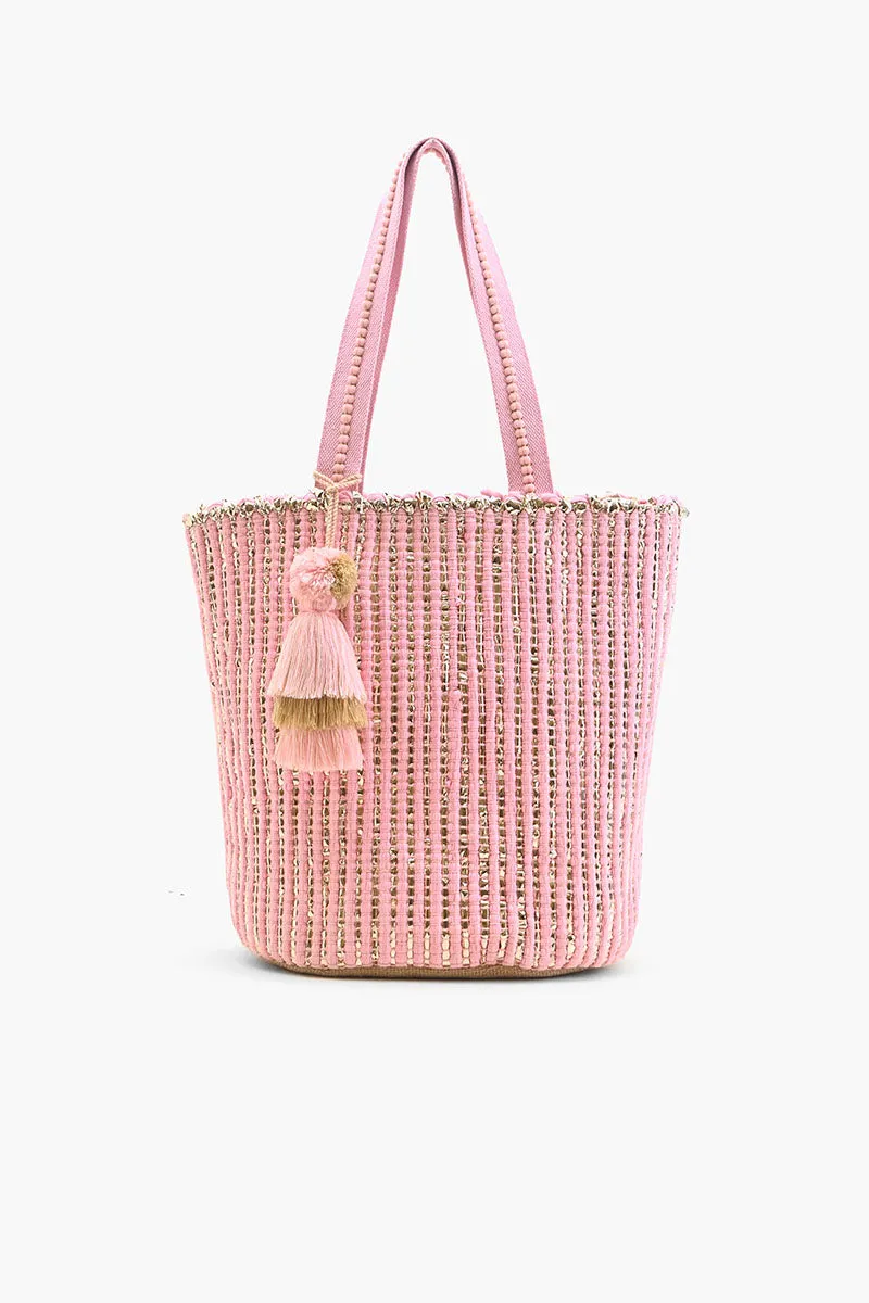 Natural Beauty Upcyled Hand Woven Pink Tote sold by America & Beyond
