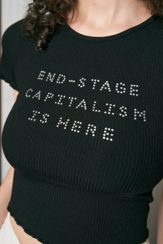 END STAGE Black Lettuce Hem Tencel Rip Crop Tee sold by Fashion Brand Company