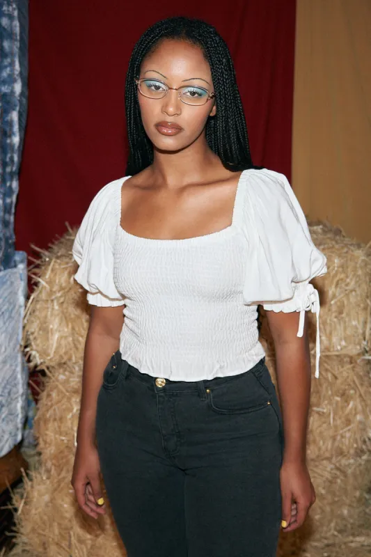 White Linen Smocked Blouse sold by Fashion Brand Company