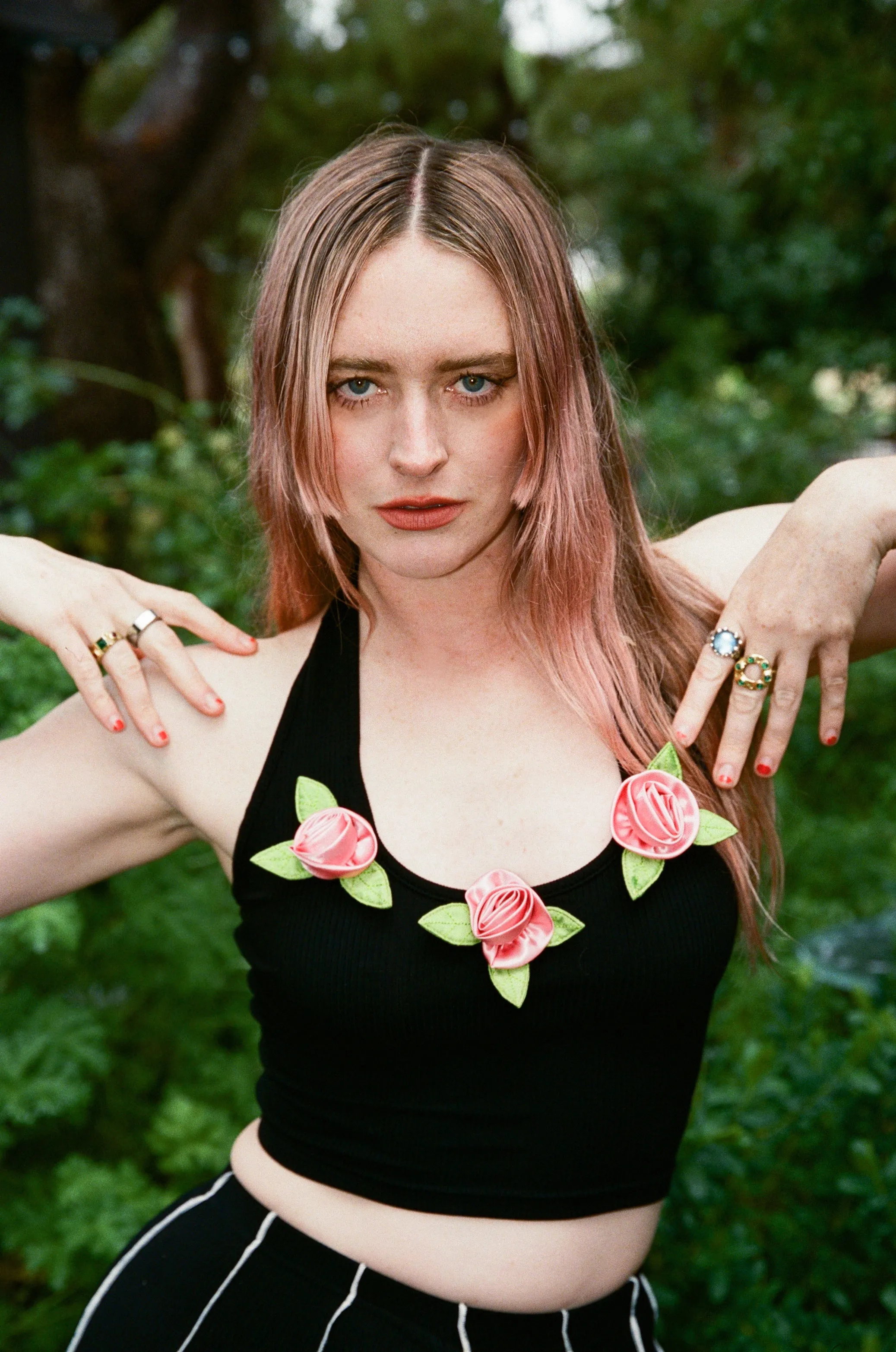 3 Pink Flowers Black Tencel Rib Halter Top sold by Fashion Brand Company product image thumbnail 3