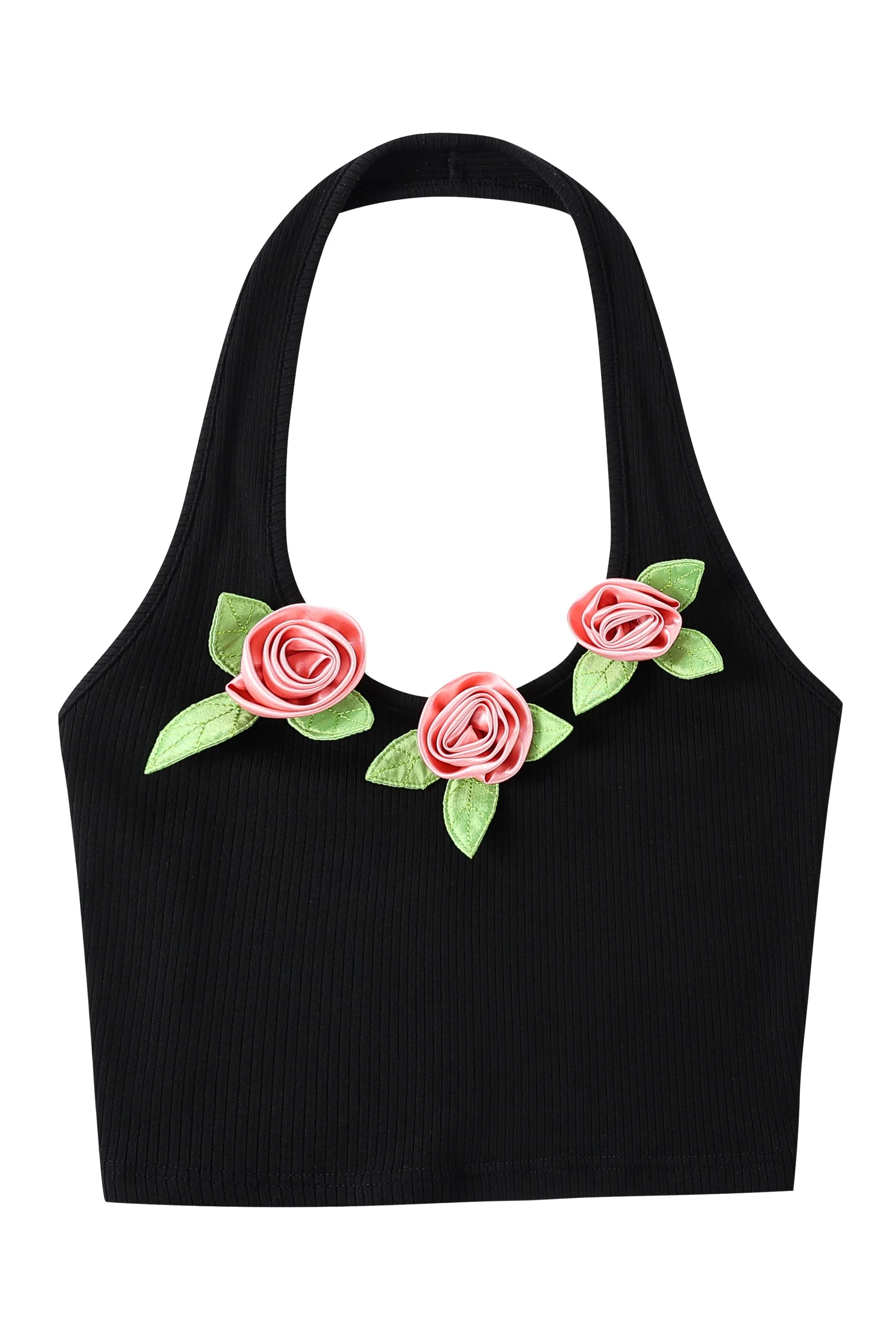 3 Pink Flowers Black Tencel Rib Halter Top sold by Fashion Brand Company