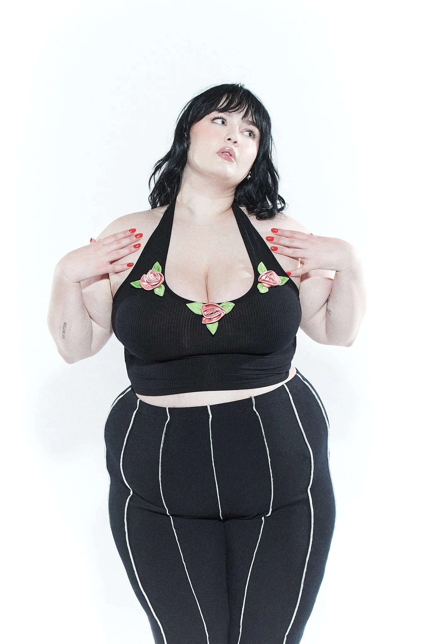 3 Pink Flowers Black Tencel Rib Halter Top sold by Fashion Brand Company product image thumbnail 2