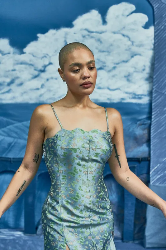 Butterfly satin ink stain dress made by Fashion Brand Company