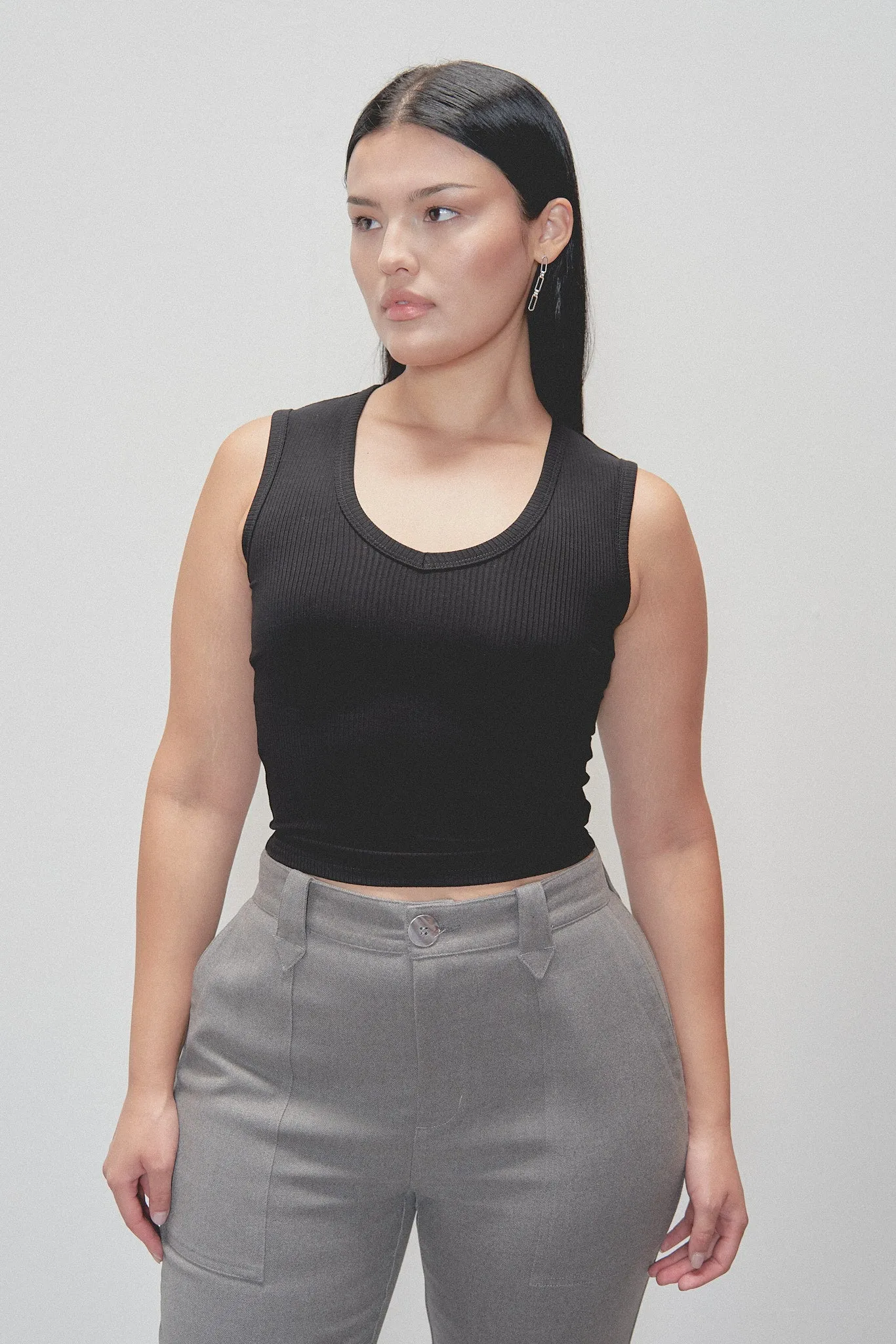 Tencel Rib Deep U Neck Tank Top Black sold by Fashion Brand Company