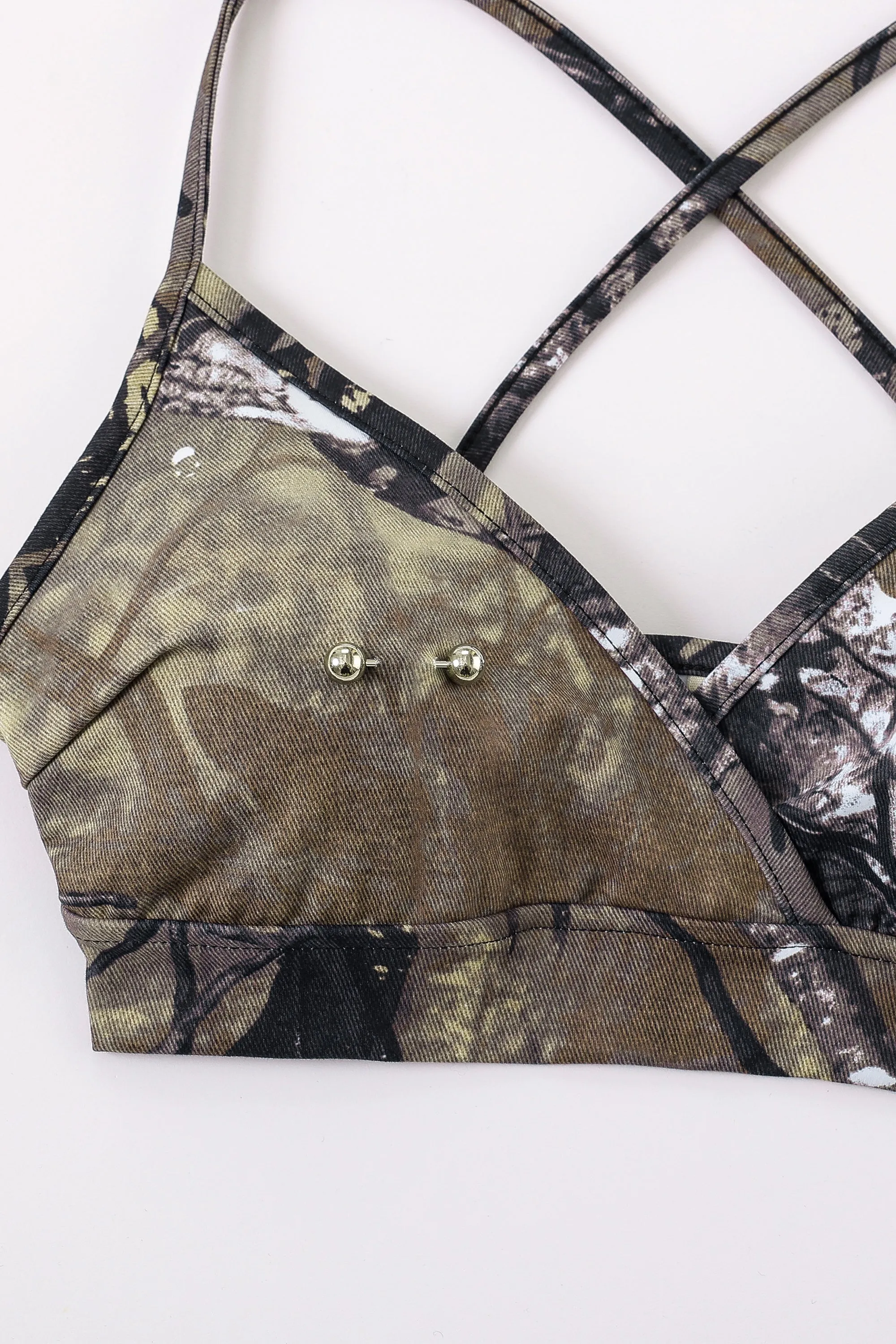 1 left - Nipple Piercing Forest Camo Crossback Yoga/Swim Bra sold by Fashion Brand Company product image thumbnail 2