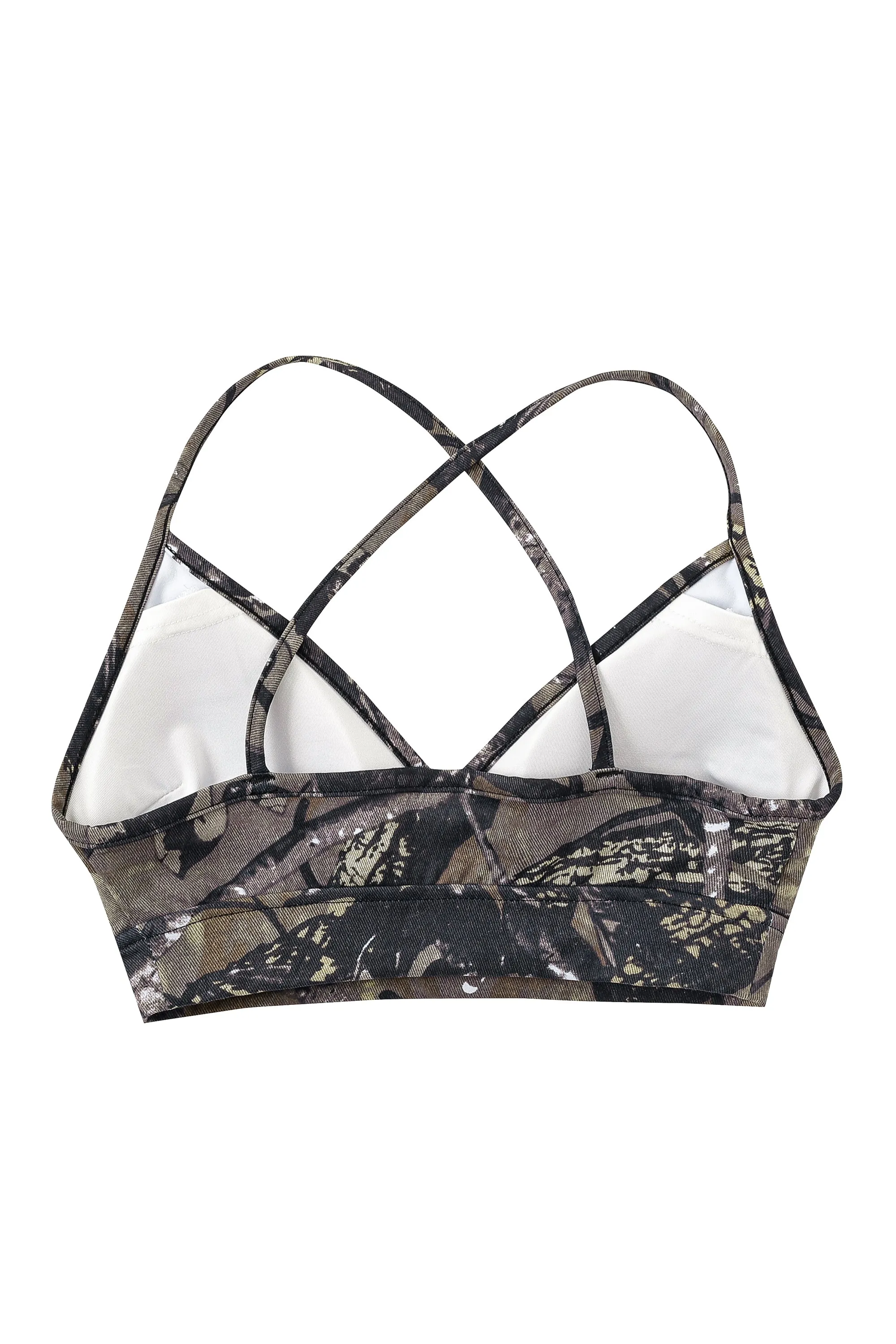 1 left - Nipple Piercing Forest Camo Crossback Yoga/Swim Bra sold by Fashion Brand Company product image thumbnail 3