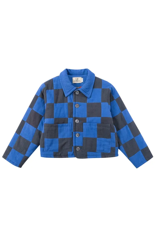 Blue/Charcoal Linen Quilted Patch CROP Jacket made by Fashion Brand Company