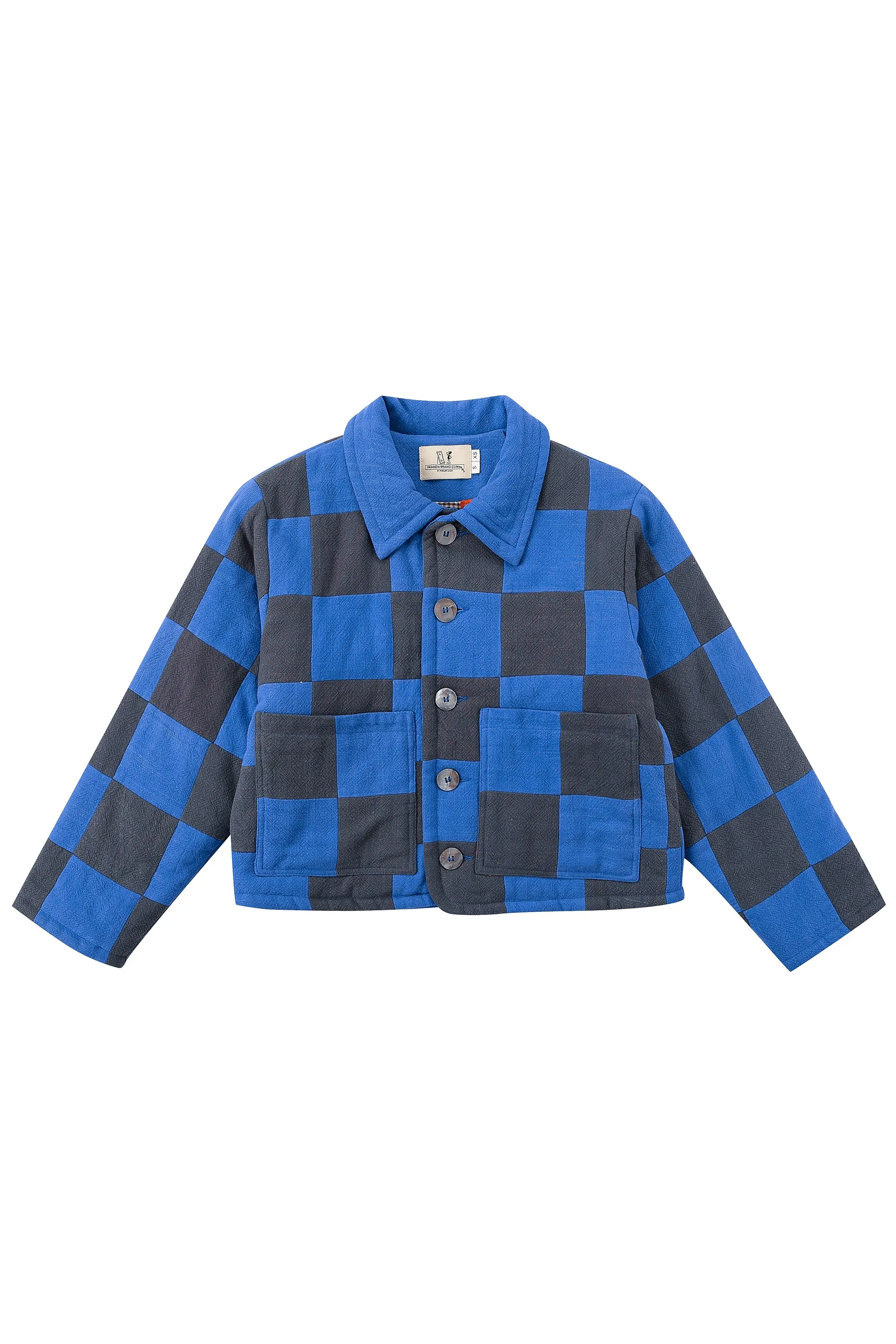 Blue/Charcoal Linen Quilted Patch CROP Jacket sold by Fashion Brand Company