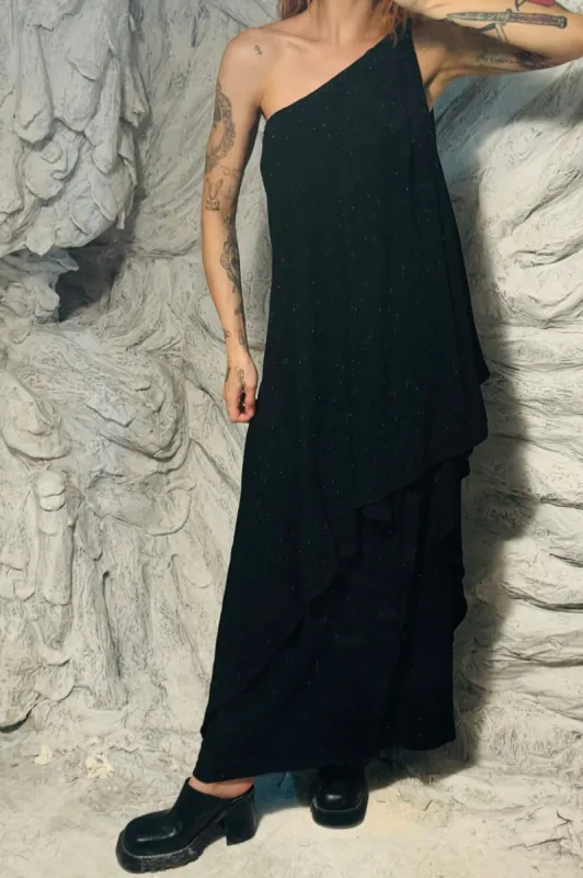 SAMPLE #225 - S Black Linen One Shoulder Maxi Dress made by Fashion Brand Company