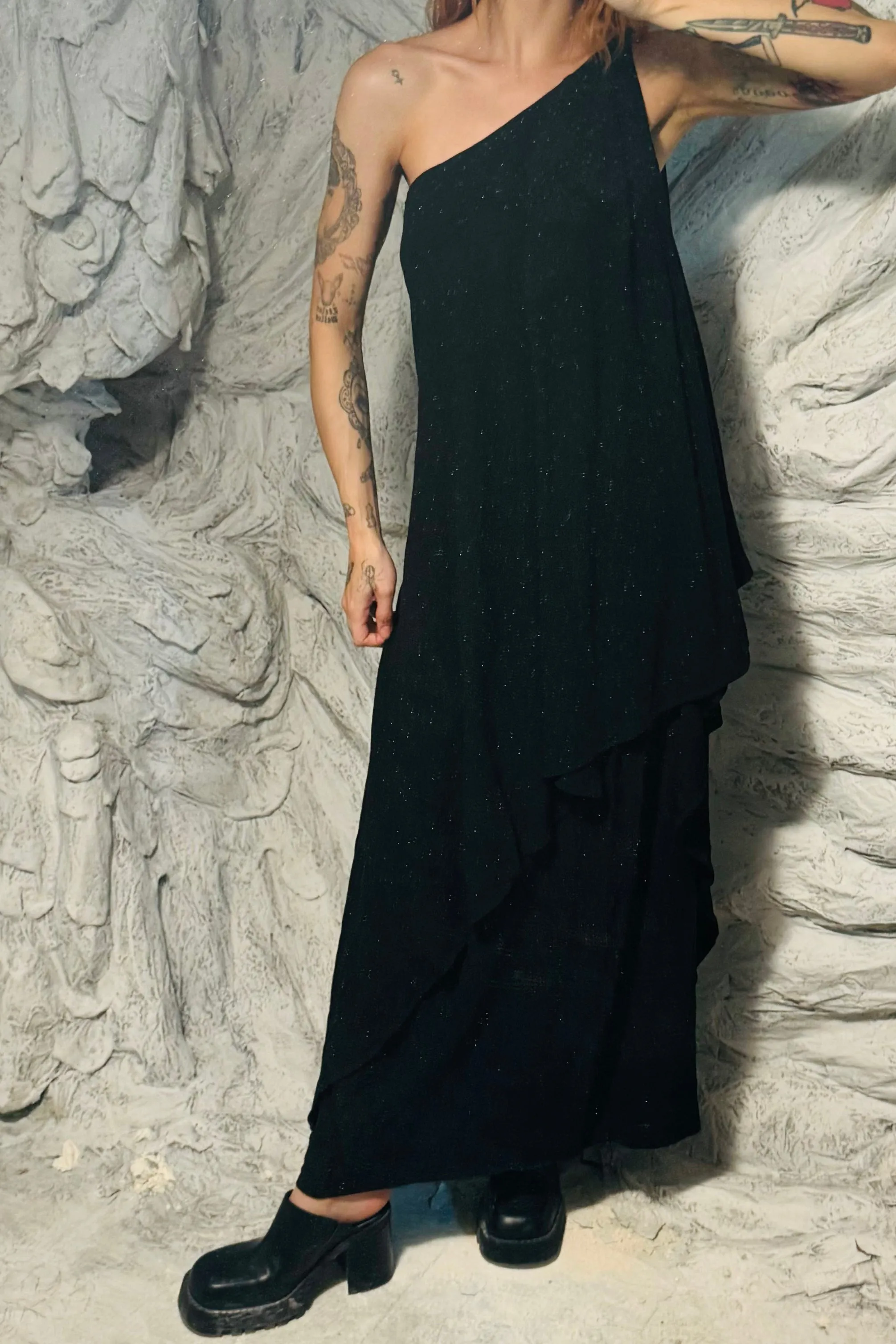 SAMPLE #225 - S Black Linen One Shoulder Maxi Dress sold by Fashion Brand Company