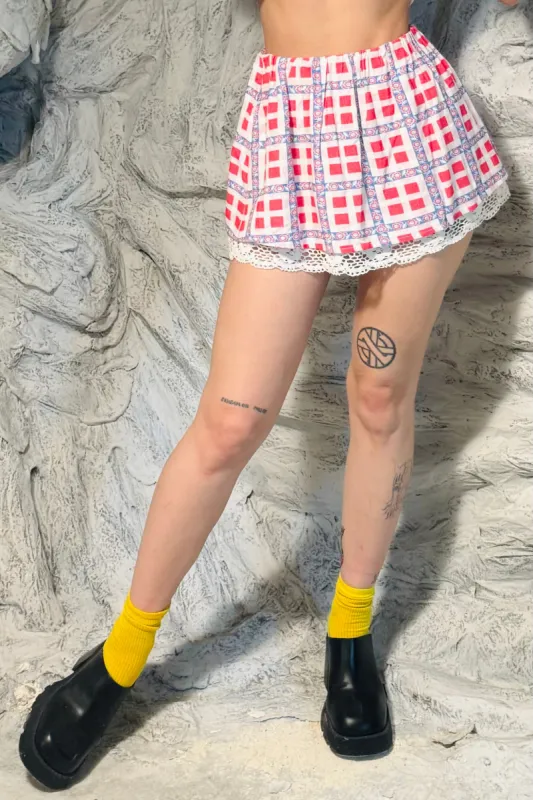 SAMPLE #203 - S Red Floral Plaid Linen Micro Mini Skirt sold by Fashion Brand Company