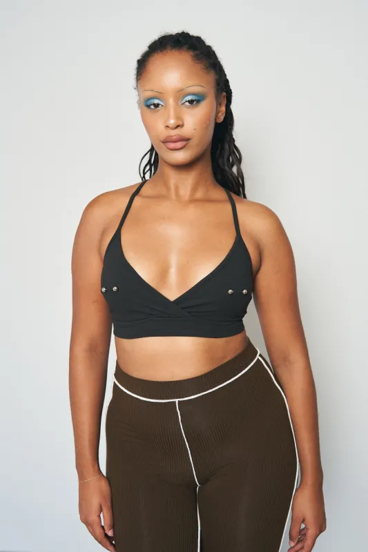 1 left - Nipple Piercing Black Crossback Yoga/Swim Bra made by Fashion Brand Company