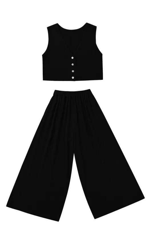 Soft Linen Vest and Wide leg Pants Set Black made by Fashion Brand Company