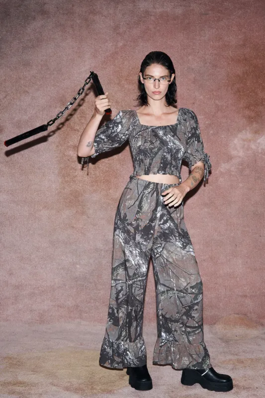 1 left - Ruffle Pantaloons Soft Linen Forest Camo made by Fashion Brand Company