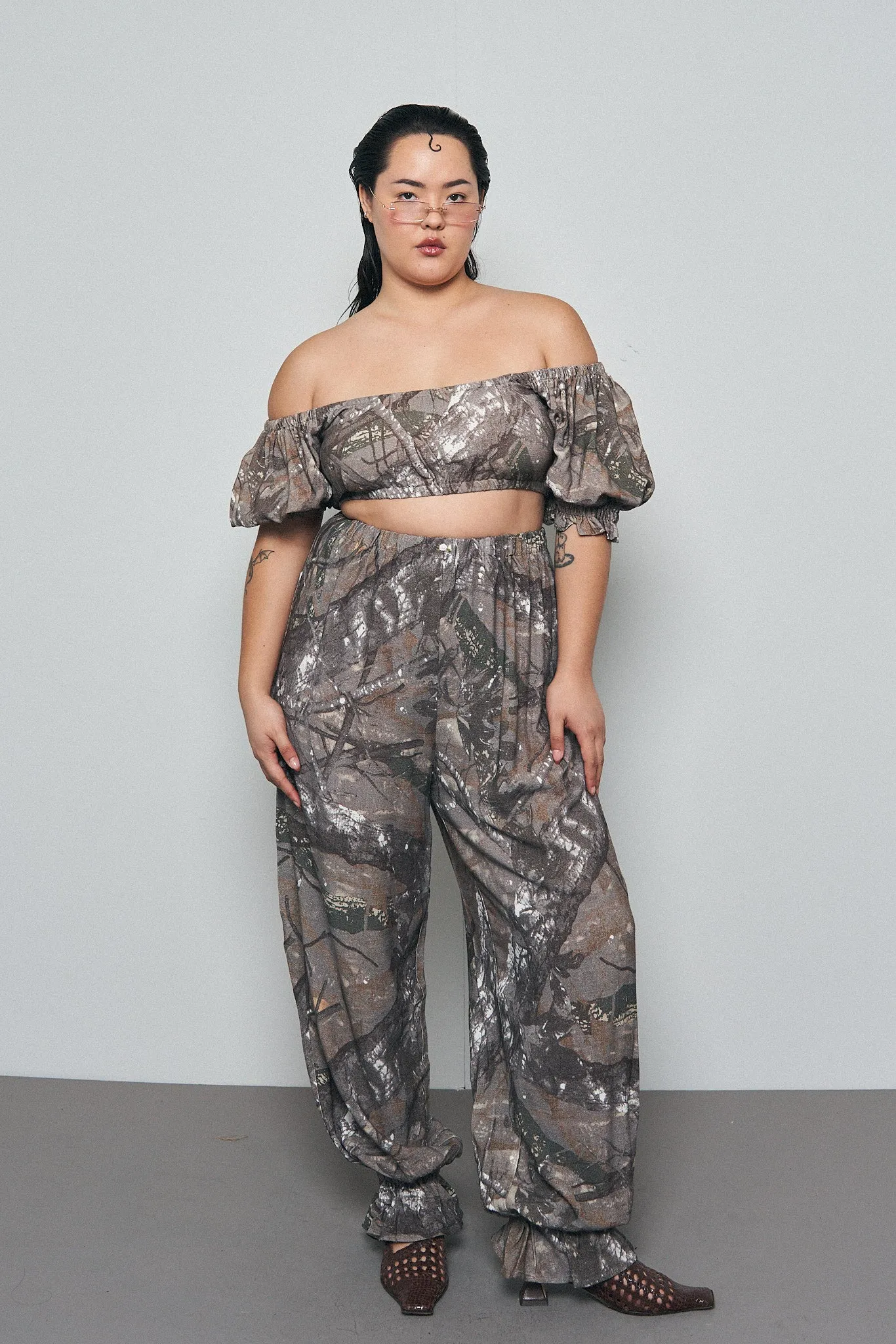 1 left - Wench Crop Top Soft Linen Forest Camo sold by Fashion Brand Company product image thumbnail 4