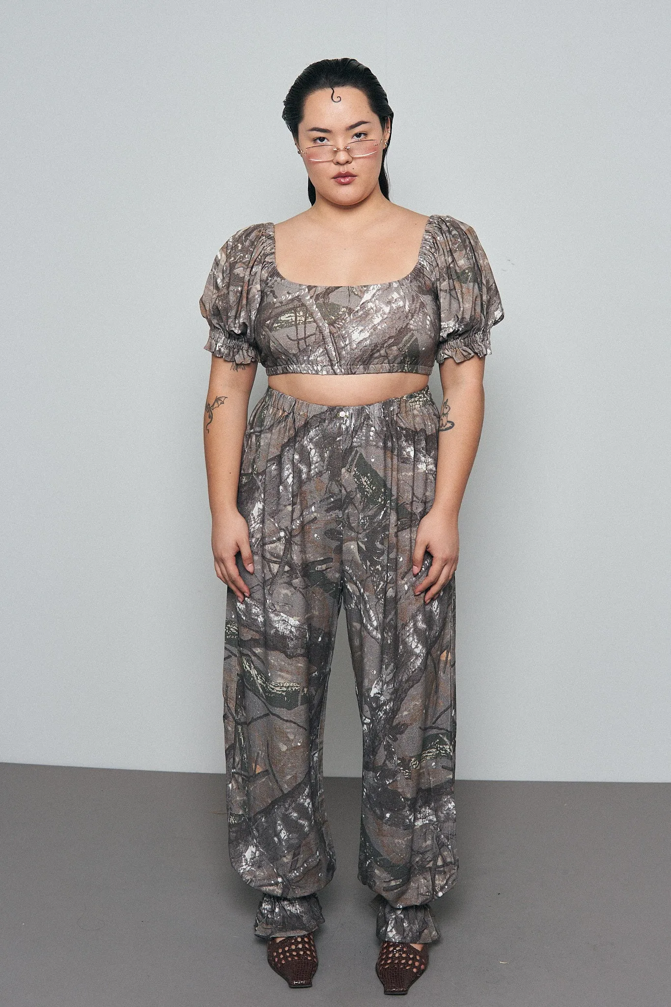 1 left - Wench Crop Top Soft Linen Forest Camo sold by Fashion Brand Company product image thumbnail 2