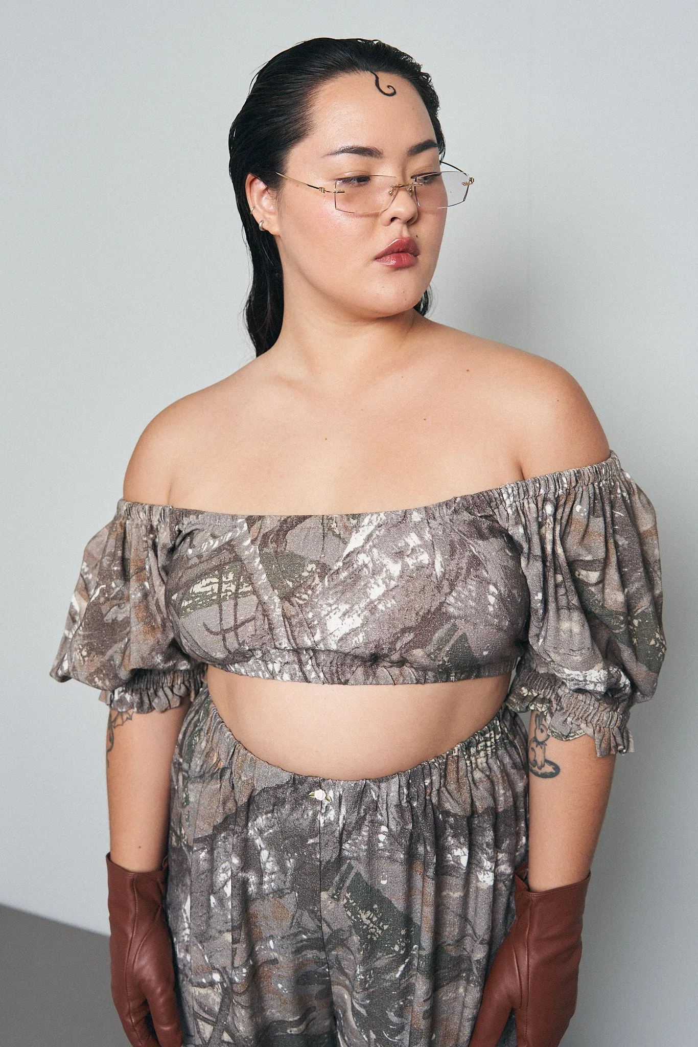 1 left - Wench Crop Top Soft Linen Forest Camo sold by Fashion Brand Company product image thumbnail 5
