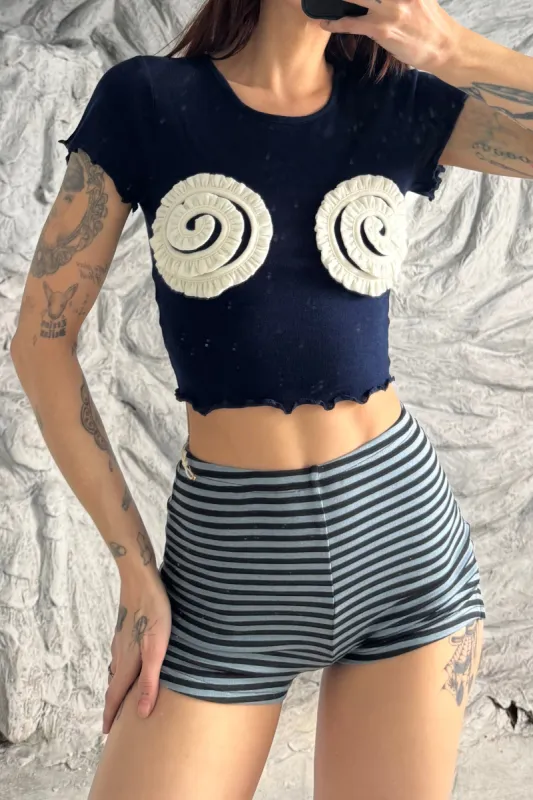 SAMPLE #291 - XS Navy Whipped Cream Boobs tencel/wool Crop tee made by Fashion Brand Company