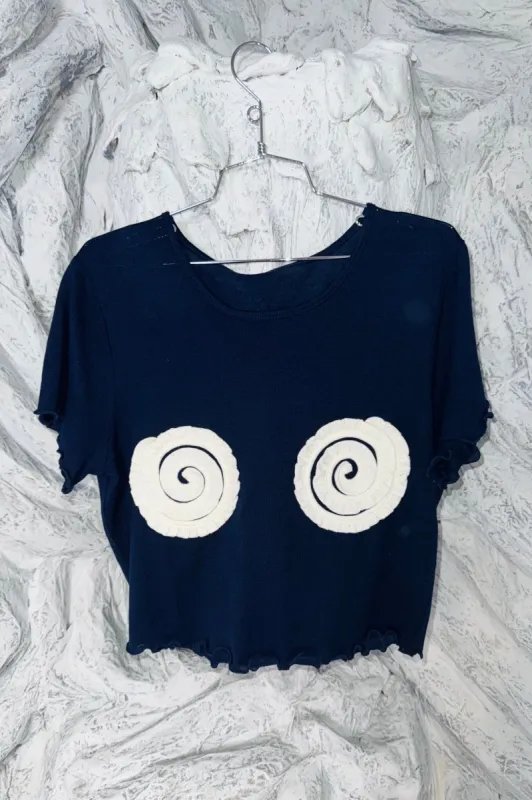 SAMPLE #292 - 1X Navy Whipped Cream Boobs wool/tencel Crop tee made by Fashion Brand Company