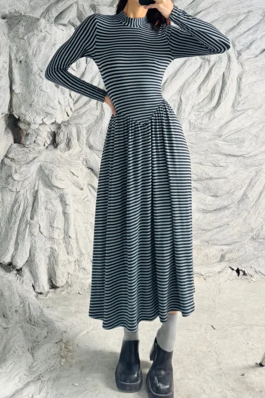 SAMPLE #302 - S Blue Striped Wool/tencel Long Sleeve Dress sold by Fashion Brand Company